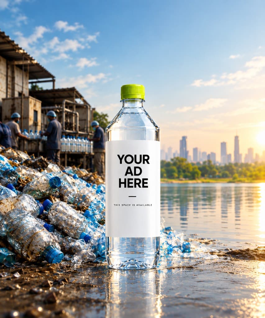 Udara bottle with ad space, beside recovered plastic and a water line
